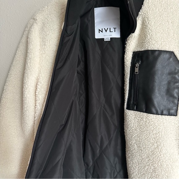 NVLT Anthropologie cream sherpa fleece longline jacket w/ faux leather accent - Picture 6 of 12